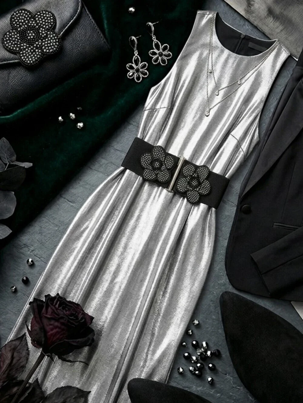 Stunning Black Beaded Flower Statement Stretch Belt